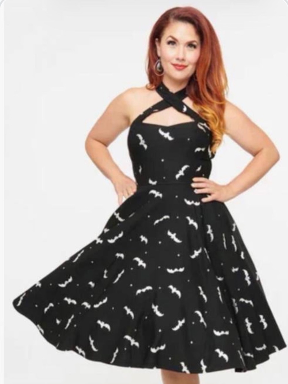 Unique Vintage Black Bat Print Halter Neck Dress
